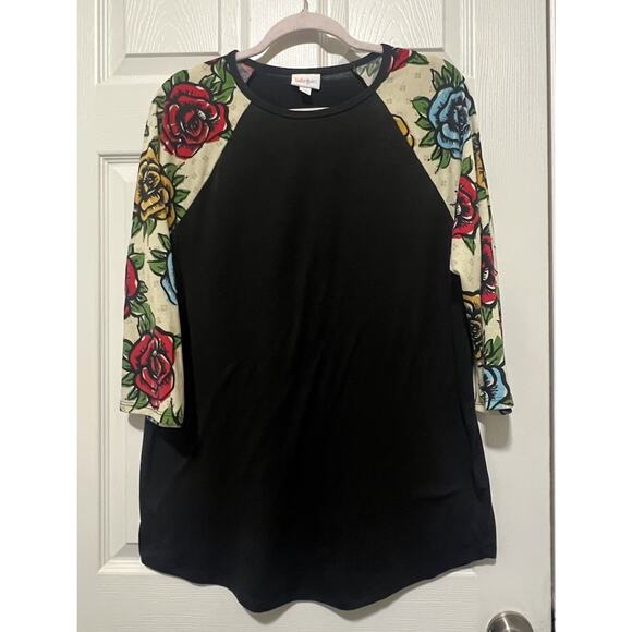Lularoe Women's Randy Shirt Size XL Black Shirt With Multicolored Rose Sleeves - Picture 1 of 9